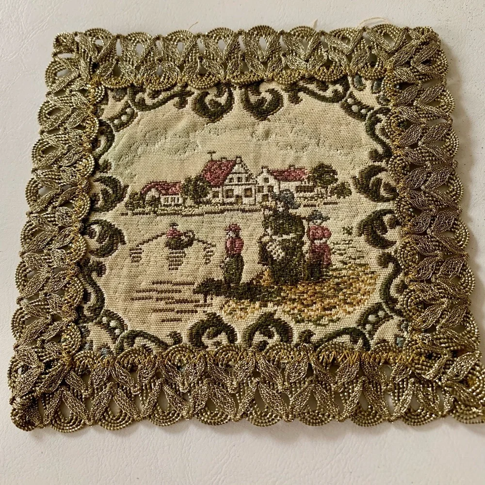 Antique square floral table doilies gold trim embroidered